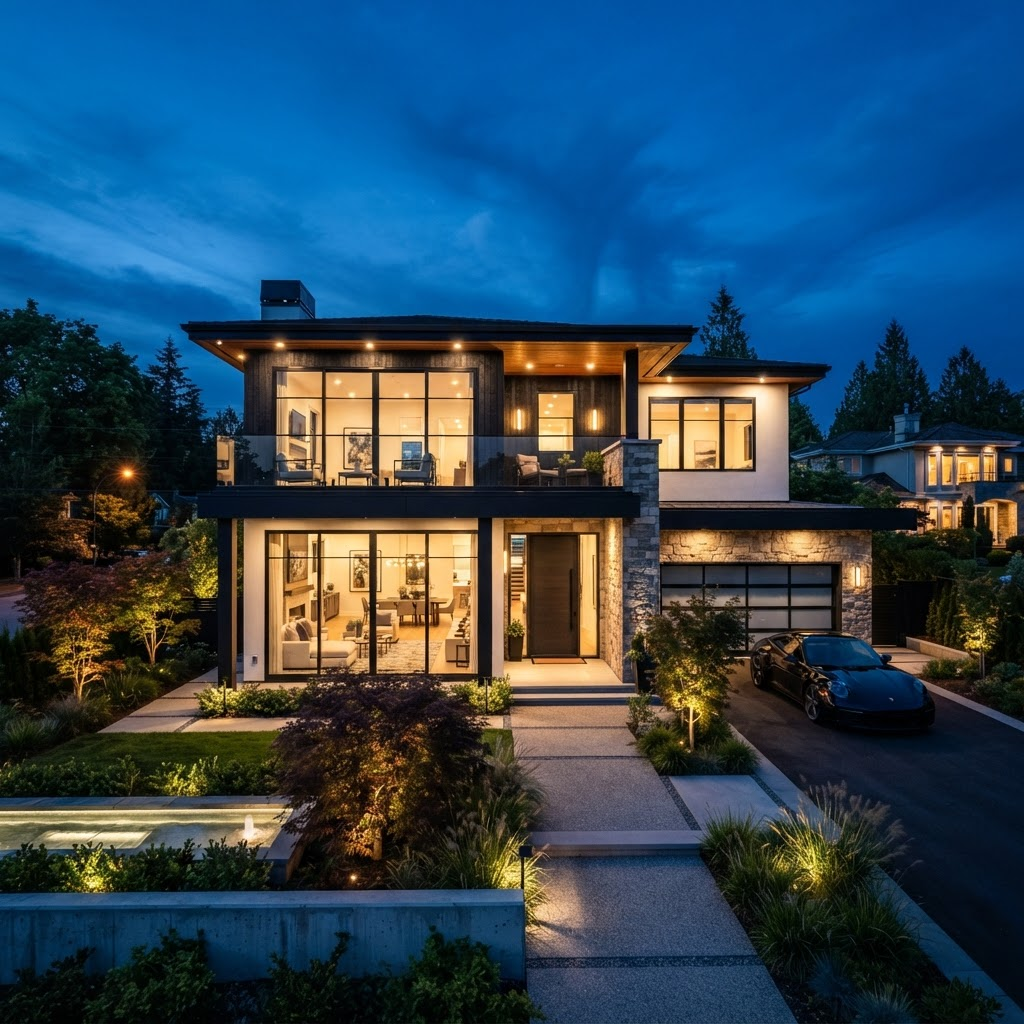 Beautifully renovated modern investment home glowing at dusk
